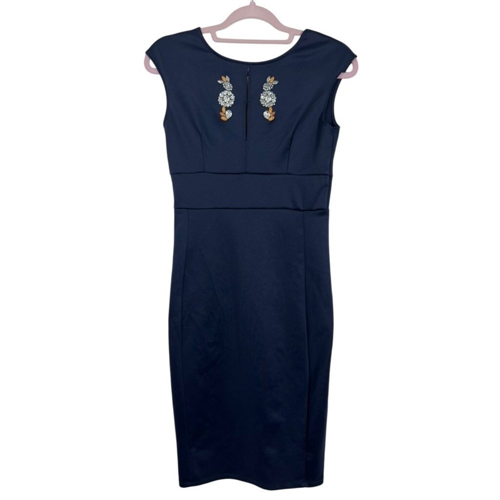 Zara Sleeveless Navy Blue w/ Faux Jewels Plunging Back Bodycon Dress Size M